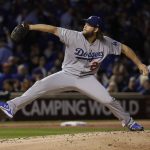 Los Angeles Dodgers starting pitcher Clayton Kershaw (22) throws during the first inning of Game 5 of baseball's National League Championship Series against the Chicago Cubs, Thursday, Oct. 19, 2017, in Chicago. (AP Photo/Matt Slocum)