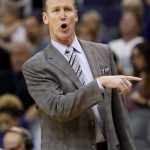 Portland Trail Blazers coach Terry Stotts gestures during the first half of the team's NBA basketball game against the Phoenix Suns, Wednesday, Oct. 18, 2017, in Phoenix. (AP Photo/Matt York)