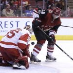 Detroit Red Wings goalie Jimmy Howard (35) makes the save on Arizona Coyotes left wing Jordan Martinook during the second period of an NHL hockey game, Thursday, Oct. 12, 2017, in Glendale, Ariz. (AP Photo/Rick Scuteri)