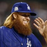 Los Angeles Dodgers Justin Turner takes the field prior to game 3 of baseball's National League Division Series against the Arizona Diamondbacks, Monday, Oct. 9, 2017, in Phoenix. (AP Photo/Ross D. Franklin)