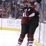 Arizona Coyotes center Clayton Keller (9) celebrates with Jason Demers (55) after scoring a second-period goal against the Detroit Red Wings during an NHL hockey game, Thursday, Oct. 12, 2017, in Glendale, Ariz. (AP Photo/Rick Scuteri)