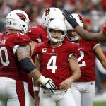 Arizona Cardinals kicker Phil Dawson (4) kicks celebrates his field goal against the San Francisco 49ers wth teammates during the second half of an NFL football game, Sunday, Oct. 1, 2017, in Glendale, Ariz. (AP Photo/Ross D. Franklin)