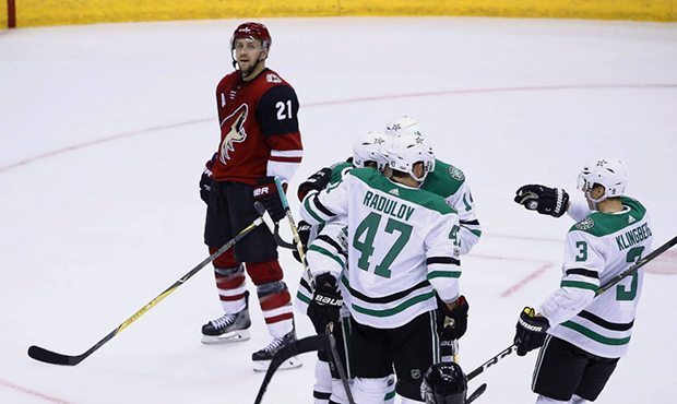 Dallas Stars center Tyler Seguin, second from left, celebrates his goal with Stars left wing Jamie ...