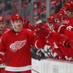 Detroit Red Wings' Gustav Nyquist, of Sweden, (14) celebrates his goal against the Arizona Coyotes in the first period of an NHL hockey game Tuesday, Oct. 31, 2017, in Detroit. (AP Photo/Paul Sancya)