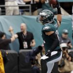 Philadelphia Eagles' Zach Ertz celebrates after scoring a touchdown during the first half of an NFL football game against the Arizona Cardinals, Sunday, Oct. 8, 2017, in Philadelphia. (AP Photo/Michael Perez)