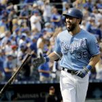 Kansas City Royals' Eric Hosmer celebrates after hitting a solo home run during the first inning of a baseball game against the Arizona Diamondbacks Sunday, Oct. 1, 2017, in Kansas City, Mo. (AP Photo/Charlie Riedel)