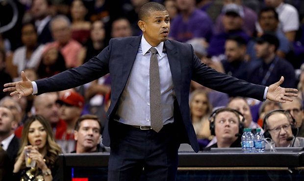 Phoenix Suns coach Earl Watson reacts to a call during the first half of the team's NBA basketball ...