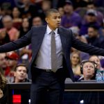 Phoenix Suns coach Earl Watson reacts to a call during the first half of the team's NBA basketball game against the Portland Trail Blazers, Wednesday, Oct. 18, 2017, in Phoenix. (AP Photo/Matt York)