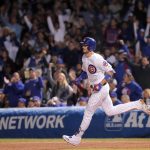 Chicago Cubs' Kris Bryant (17) runs the bases on a home run in the fourth inning against the Los Angeles Dodgers in Game 5 of the National League Championship Series, Thursday, Oct. 19, 2017, at Wrigley Field in Chicago. (Steve Lundy/Daily Herald via AP)
