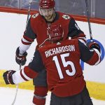 Arizona Coyotes right wing Tobias Rieder (8) celebrates his goal against the Vegas Golden Knights with Coyotes center Brad Richardson (15) during the first period of an NHL hockey game Saturday, Oct. 7, 2017, in Glendale, Ariz. (AP Photo/Ross D. Franklin)