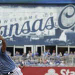 Kansas City Royals starting pitcher Jason Vargas throws during the first inning of a baseball game against the Arizona Diamondbacks, Sunday, Oct. 1, 2017, in Kansas City, Mo. (AP Photo/Charlie Riedel)