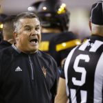 Arizona State coach Todd Graham, left, argues with an official during the first half of an NCAA college football game against Washington on Saturday, Oct. 14, 2017, in Tempe, Ariz. (AP Photo/Ross D. Franklin)