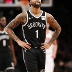 Brooklyn Nets guard D'Angelo Russell (1) reacts after drawing a foul in the fourth quarter of an NBA basketball game against the Phoenix Suns, Tuesday, Oct. 31, 2017, in New York. Russell was the The Suns defeated the Nets 122-114. (AP Photo/Kathy Willens)
