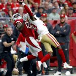 San Francisco 49ers cornerback Rashard Robinson (33) breaks up a pass intended for Arizona Cardinals wide receiver John Brown (12) during the first half of an NFL football game, Sunday, Oct. 1, 2017, in Glendale, Ariz. (AP Photo/Ross D. Franklin)