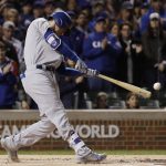 Los Angeles Dodgers' Cody Bellinger hits an RBI triple off Chicago Cubs starting pitcher Jose Quintana during the first inning of Game 5 of baseball's National League Championship Series, Thursday, Oct. 19, 2017, in Chicago. (AP Photo/Matt Slocum)