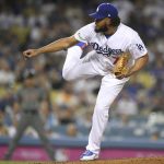 Los Angeles Dodgers relief pitcher Kenley Jansen throws against the Arizona Diamondbacks during the eighth inning of Game 2 of baseball's National League Division Series in Los Angeles, Saturday, Oct. 7, 2017. (AP Photo/Mark J. Terrill)