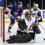 Arizona Coyotes goalie Louis Domingue (35) stops a shot on the goal during the second period of an NHL hockey game against the New York Islanders Tuesday, Oct. 24, 2017, in New York. (AP Photo/Frank Franklin II)