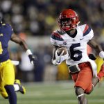 Arizona wide receiver Shun Brown (6) runs for a touchdown on a pass reception past California safety Derron Brown (4) during the second half of an NCAA college football game Saturday, Oct. 21, 2017, in Berkeley, Calif. Arizona won 45-44 in two overtimes. (AP Photo/Marcio Jose Sanchez)