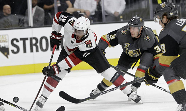 Arizona Coyotes left wing Anthony Duclair (10) shoots against the Vegas Golden Knights during the s...