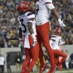 Arizona safety Jarrius Wallace, left, celebrates after intercepting a pass in the end zone with teammate Dane Cruikshank during the first half of an NCAA college football game against California Saturday, Oct. 21, 2017, in Berkeley, Calif. (AP Photo/Marcio Jose Sanchez)