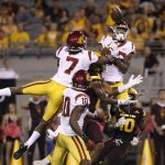 Southern California defensive backs Marvell Tell III (7), Jalen Greene (10) and Jack Jones try to knock down a pass in the end zone intended for Arizona State receiver Harry N'Keal, center, during the first half of an NCAA college football game, Saturday, Oct. 28, 2017, in Tempe, Ariz. Arizona State's Kyle Williams (10) came up with the catch for a touchdown to end the half. (AP Photo/Ralph Freso)