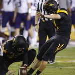 Arizona State place-kicker Brandon Ruiz (1) connects for a field goal against Washington as Michael Sleep-Dalton, left, holds the ball during the first half of an NCAA college football game, Saturday, Oct. 14, 2017, in Tempe, Ariz. (AP Photo/Ross D. Franklin)