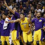 The Los Angeles Lakers bench signals to an official during the second half of an NBA basketball game against the Phoenix Suns, Friday, Oct. 20, 2017, in Phoenix. (AP Photo/Matt York)