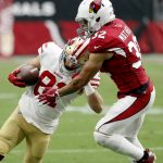 San Francisco 49ers wide receiver Trent Taylor (81) is hit by Arizona Cardinals free safety Tyrann Mathieu (32) during the first half of an NFL football game, Sunday, Oct. 1, 2017, in Glendale, Ariz. (AP Photo/Rick Scuteri)