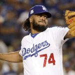 Los Angeles Dodgers relief pitcher Kenley Jansen throws against the Arizona Diamondbacks during the eighth inning of Game 2 of baseball's National League Division Series in Los Angeles, Saturday, Oct. 7, 2017. (AP Photo/Jae C. Hong)