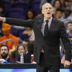 Phoenix Suns head coach Jay Triano yells during the first half of an NBA basketball game against the Sacramento Kings, Monday, Oct. 23, 2017, in Phoenix. It was Triano's first game as the Suns' head coach. (AP Photo/Matt York)