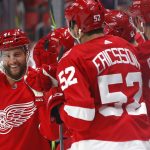 Detroit Red Wings' Luke Glendening (41) celebrates his goal against the Arizona Coyotes in the first period of an NHL hockey game Tuesday, Oct. 31, 2017, in Detroit. (AP Photo/Paul Sancya)