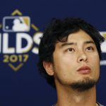 Los Angeles Dodgers starting pitcher Yu Darvish, of Japan, listens to a question during a news conference before Game 3 of baseball's National League Division Series against the Arizona Diamondbacks, Sunday, Oct. 8, 2017, in Phoenix. (AP Photo/Ross D. Franklin)