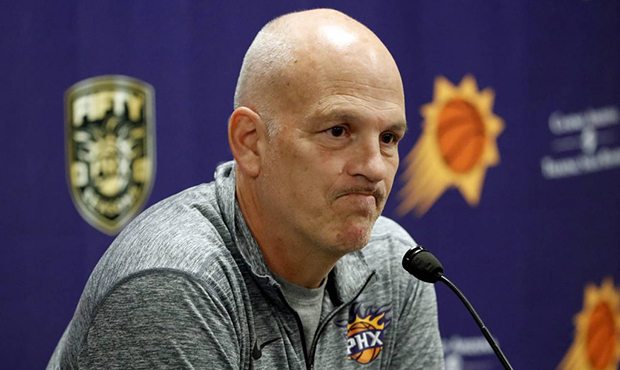 Phoenix Suns head coach Jay Triano speaks prior to an NBA basketball game against the Sacramento Ki...