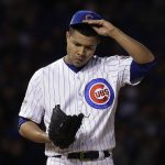 Chicago Cubs starting pitcher Jose Quintana reacts after giving up a double to Los Angeles Dodgers' Chris Taylor during the third inning of Game 5 of baseball's National League Championship Series, Thursday, Oct. 19, 2017, in Chicago. (AP Photo/Matt Slocum)