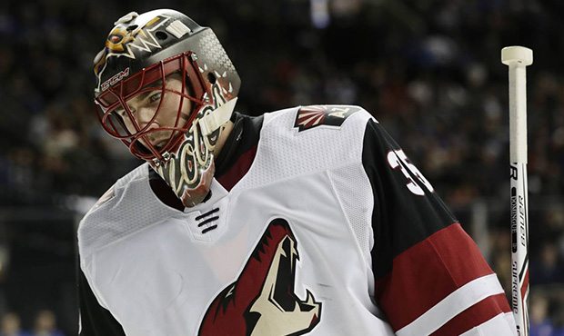 Arizona Coyotes goalie Louis Domingue (35) reacts during the second period of an NHL hockey game ag...