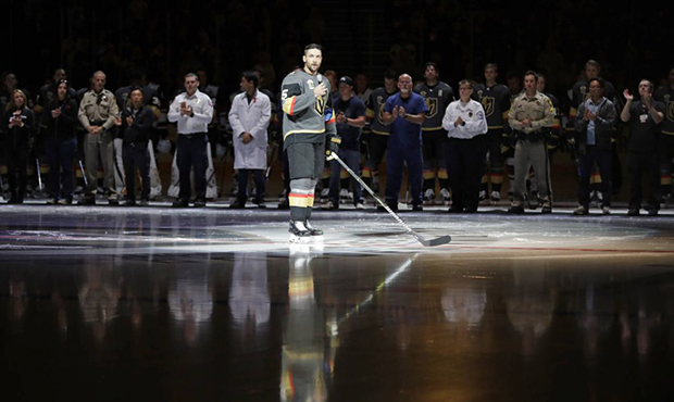 Vegas Golden Knights defenseman Deryk Engelland speaks during a ceremony to honor the first respond...