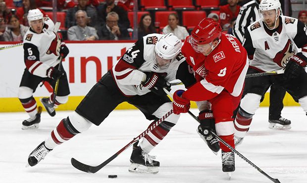 Arizona Coyotes defenseman Kevin Connauton (44) defends Detroit Red Wings left wing Justin Abdelkad...