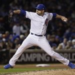 Chicago Cubs relief pitcher Brian Duensing throws during the sixth inning of Game 5 of baseball's National League Championship Series against the Los Angeles Dodgers, Thursday, Oct. 19, 2017, in Chicago. (AP Photo/Matt Slocum)