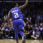 Los Angeles Clippers' Patrick Beverley celebrates his 3-point basket against the Phoenix Suns during the second half of an NBA basketball game Saturday, Oct. 21, 2017, in Los Angeles. The Clippers won 130-88. (AP Photo/Jae C. Hong)