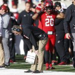 Utah head coach Kyle Whittingham looks downward after Arizona State scored on an interception in the second half of an NCAA college football game, Saturday, Oct. 21, 2017, in Salt Lake City. (AP Photo/Rick Bowmer)