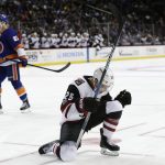 Arizona Coyotes' Nick Cousins (25) celebrates after scoring a goal during the third period of an NHL hockey game against the New York Islanders Tuesday, Oct. 24, 2017, in New York. The Islanders won 5-3. (AP Photo/Frank Franklin II)