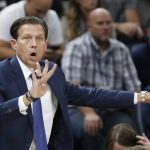 Utah Jazz coach Quin Snyder shouts to his team during the first half of a preseason NBA basketball game against the Phoenix Suns on Friday, Oct. 6, 2017, in Salt Lake City. (AP Photo/Rick Bowmer)