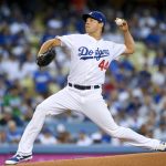 Los Angeles Dodgers starting pitcher Rich Hill throws against the Arizona Diamondbacks during the first inning of Game 2 of baseball's National League Division Series in Los Angeles, Saturday, Oct. 7, 2017. (AP Photo/Mark J. Terrill)