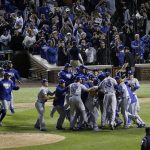 The Los Angeles Dodgers players celebrate after Game 5 of baseball's National League Championship Series against the Chicago Cubs, Thursday, Oct. 19, 2017, in Chicago. The Dodgers won 11-1 to win the series and advance to the World Series. (AP Photo/Charles Rex Arbogast)