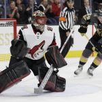 Arizona Coyotes goalie Louis Domingue blocks a shot by the Vegas Golden Knights during the first period of an NHL hockey game Tuesday, Oct. 10, 2017, in Las Vegas. (AP Photo/John Locher)
