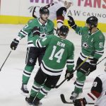 Dallas Stars right wing Alexander Radulov (47) is congratulated by teammates Jamie Benn (14) and Tyler Seguin (91) after scoring a goal during the third period of an NHL hockey game against the Arizona Coyotes in Dallas, Tuesday, Oct. 17, 2017. The Stars on 3-1. (AP Photo/LM Otero)