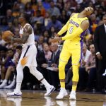 Los Angeles Lakers guard Jordan Clarkson (6) reacts after fouling Phoenix Suns guard Eric Bledsoe during the first half of an NBA basketball game, Friday, Oct. 20, 2017, in Phoenix. (AP Photo/Matt York)