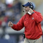 Arizona head coach Rich Rodriguez yells from the sideline during the first half of an NCAA college football game against California Saturday, Oct. 21, 2017, in Berkeley, Calif. (AP Photo/Marcio Jose Sanchez)