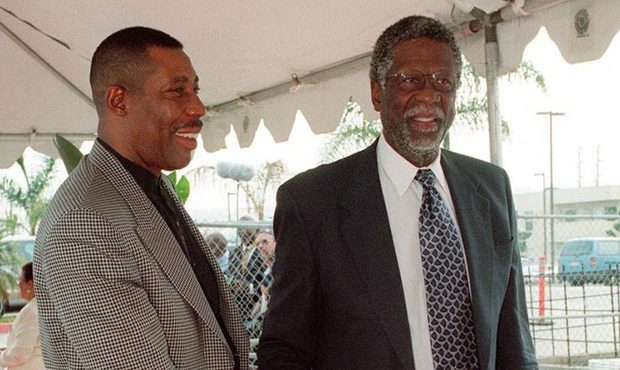 FILE - In this Oct. 16, 1999, file photo, former basketball players Connie Hawkins, left, and Bill ...