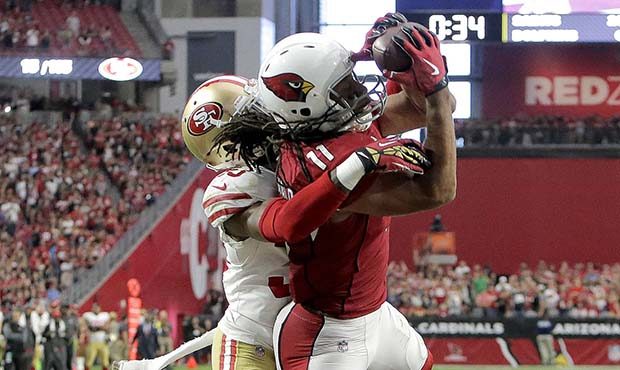 Arizona Cardinals wide receiver Larry Fitzgerald (11) pulls in the game winning touchdown as San Fr...